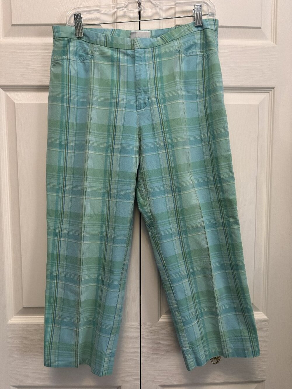 Vintage Wrangler Classic Blues Plaid Cropped Pants Size 10 Aqua Green Capri Retr